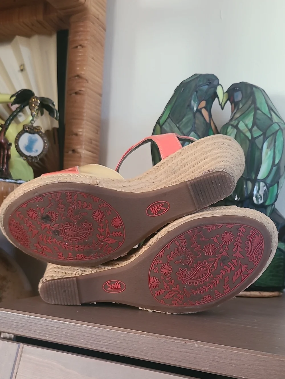 Söfft Patent Leather Red Orange & Beige Colorblock Espadrille Wedges Size 9.5